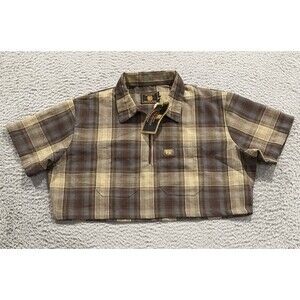 FB County Shirt Womens L Plaid Flannel Short Sleeve Checker Crop Top Chicano